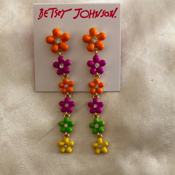 Betsey Johnson Gold Tone Linear Enamel Multicolored Flower Drop Earrings NWT - Picture 7 of 10